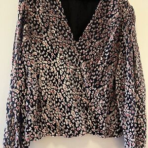 White House Black Market Women's L Black and Pink Leopard Patterned Top